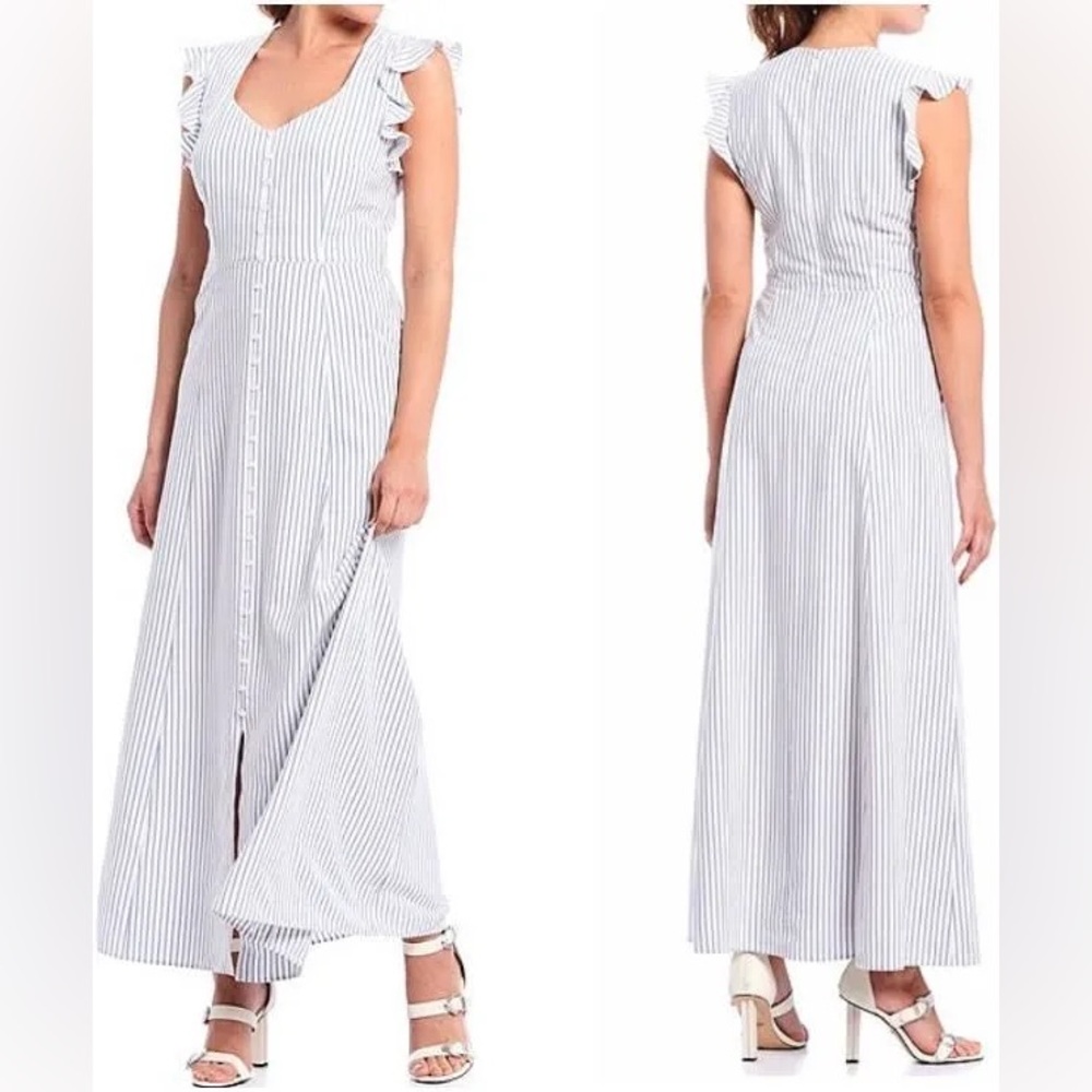 Gianni Bini White & Light Gray Striped Ruffle Sleeve Maxi Dress